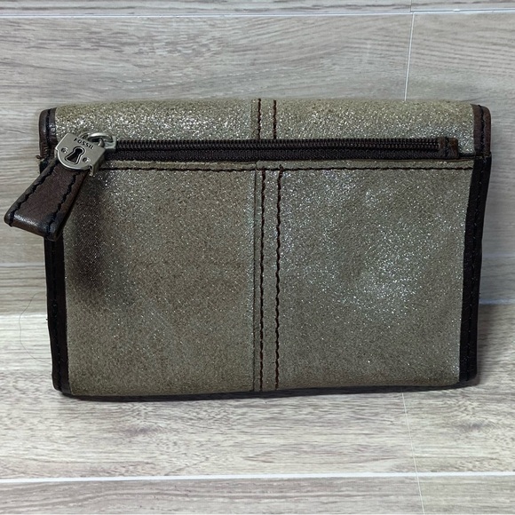 FOSSIL / Ladies Brown Leather and Tan Metallic Tri Fold Wallet - Picture 2 of 10
